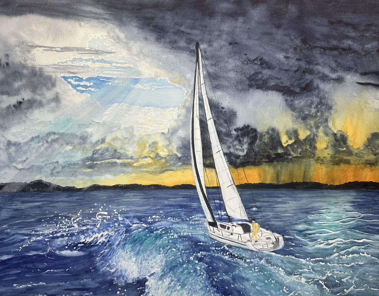 Sailboat in the storm watercolor