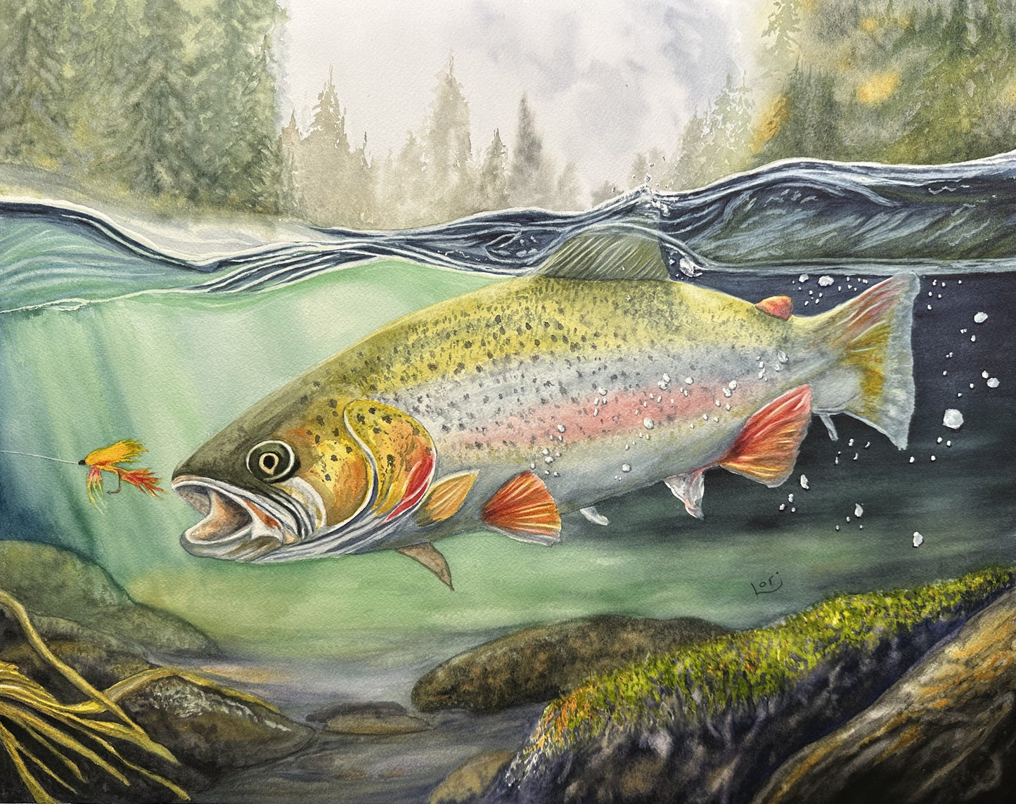 Underwater trout watercolor