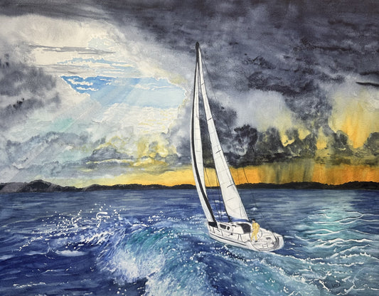 Sailboat in the storm watercolor